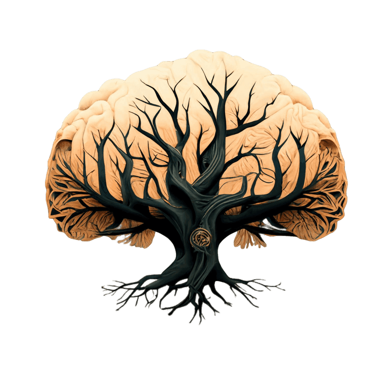 Ancient tree shaped like a brain, symbolizing growth and resilience